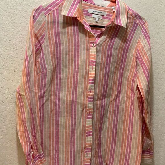 Foxcroft Linen Button Down Shirt LS Spring Easter Striped Relaxed Fit Size 2 - Picture 5 of 8